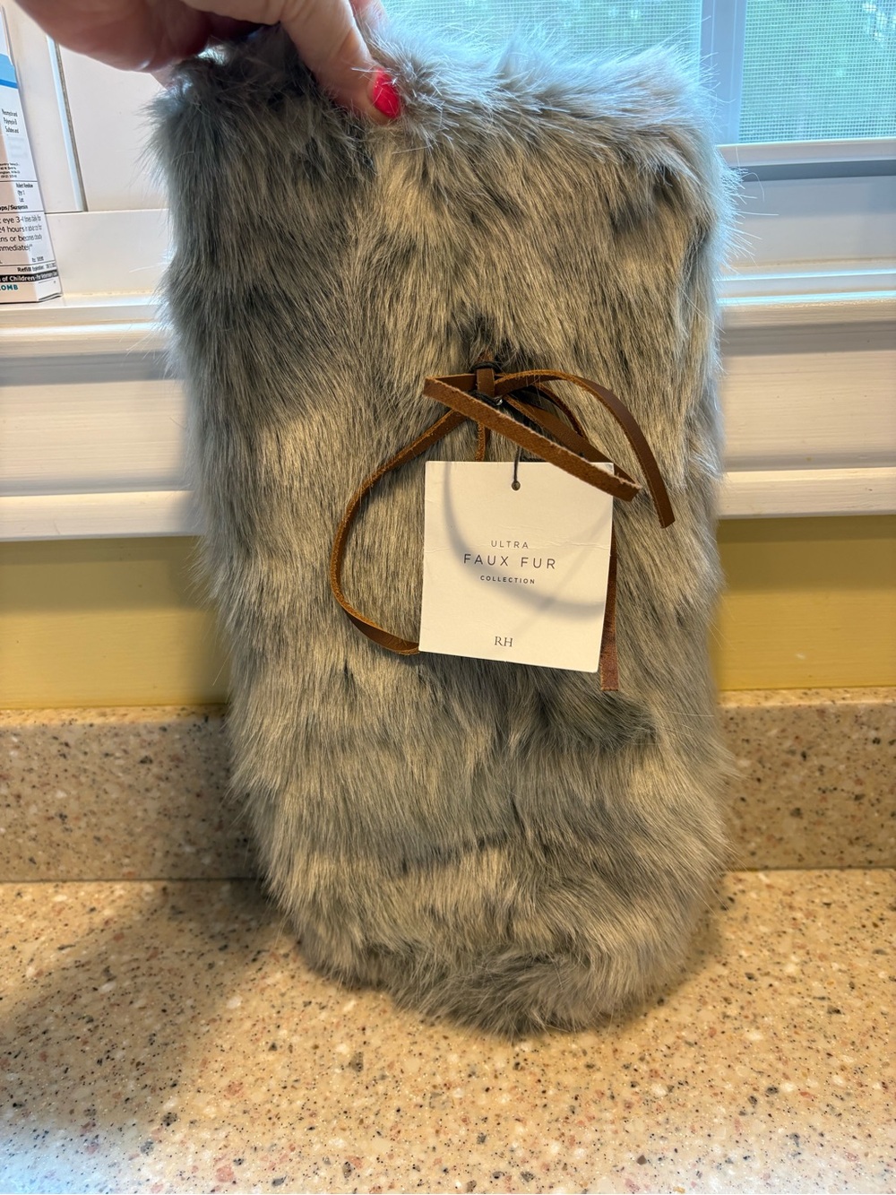 Restoration Hardware (RH) Ultra Faux Fur Wine Bag With Leather Tie, NWT, Fog
